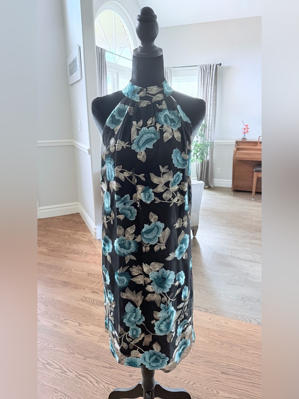 Trina Turk black Cocktail Dress with Teal and Gold Floral Embroidery